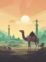 Eid Al Adha Mubarak greeting with camel and mosque, Eid Mubarak photo