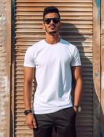 Boy wearing white T-shirt for mockup design photo