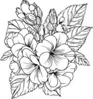 Cute flower coloring pages, primrose drawing, yellow primula flower drawing, Hand drawn botanical spring elements bouquet of primula line art coloring page, easy flower drawing. primrose flower art, vector