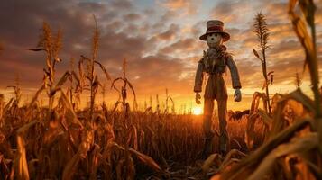 person in a wheat field a scarecrow standing tall in picturesque countryside, surrounded by golden fields and colorful sunset, AI-Generated photo