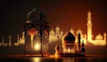 Ornamental arabic lantern with burning candle glowing at night. muslim holy month ramadan kareem photo