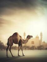 Eid Al Adha Mubarak greeting with camel and mosque, Eid Mubarak photo