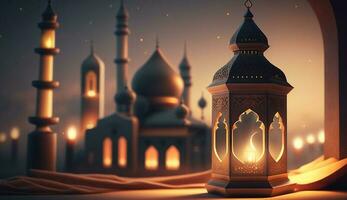 Ornamental arabic lantern with burning candle glowing at night. muslim holy month ramadan kareem photo