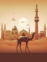 Eid Al Adha Mubarak greeting with camel and mosque, Eid Mubarak photo