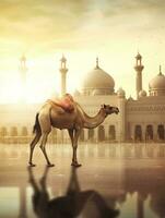 Eid Al Adha Mubarak greeting with camel and mosque, Eid Mubarak photo