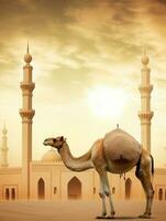 Eid Al Adha Mubarak greeting with camel and mosque, Eid Mubarak photo