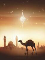 Eid Al Adha Mubarak greeting with camel and mosque, Eid Mubarak photo