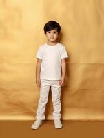 Boy wearing white T-shirt for mockup design photo