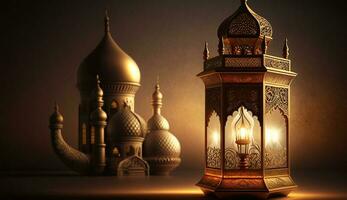 Ornamental arabic lantern with burning candle glowing at night. muslim holy month ramadan kareem photo