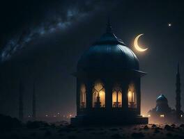 Ornamental arabic lantern with burning candle glowing at night. muslim holy month ramadan kareem photo