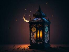 Ornamental arabic lantern with burning candle glowing at night. muslim holy month ramadan kareem photo