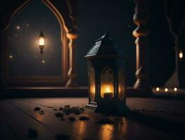 Ornamental arabic lantern with burning candle glowing at night. muslim holy month ramadan kareem photo