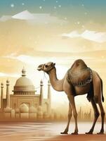 Eid Al Adha Mubarak greeting with camel and mosque, Eid Mubarak photo