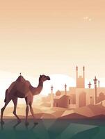 Eid Al Adha Mubarak greeting with camel and mosque, Eid Mubarak photo