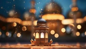 Ornamental arabic lantern with burning candle glowing at night. muslim holy month ramadan kareem photo