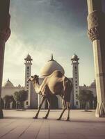 Eid Al Adha Mubarak greeting with camel and mosque, Eid Mubarak photo