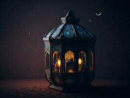 Ornamental arabic lantern with burning candle glowing at night. muslim holy month ramadan kareem photo