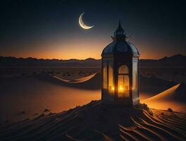 Ornamental arabic lantern with burning candle glowing at night. muslim holy month ramadan kareem photo