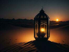 Ornamental arabic lantern with burning candle glowing at night. muslim holy month ramadan kareem photo