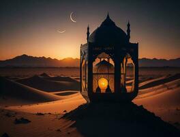 ornamental Arábica linterna con ardiente vela brillante a noche. musulmán santo mes Ramadán kareem foto
