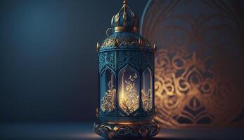 Ornamental arabic lantern with burning candle glowing at night. muslim holy month ramadan kareem photo