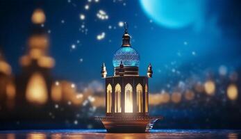 Ornamental arabic lantern with burning candle glowing at night. muslim holy month ramadan kareem photo
