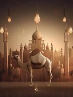 Eid Al Adha Mubarak greeting with camel and mosque, Eid Mubarak photo