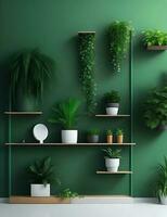 verde pared Bosquejo con verde planta y estante 3d representación generado por ai foto