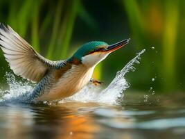 Female Kingfisher emerging from the water with a green blurred background generated by ai photo