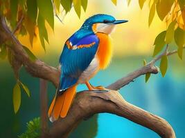 Colorful kingfisher sitting on a tree branch generated by ai photo