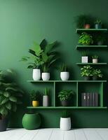 Green wall mockup with green plant and shelf 3d rendering generated by ai photo