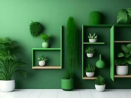 Green wall mockup with green plant and shelf 3d rendering generated by ai photo