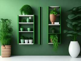 Green wall mockup with green plant and shelf 3d rendering generated by ai photo