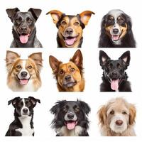 Set of different happy dogs portraits isolated on white background, created with generative AI photo