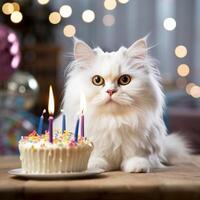 White cat with birthday cake and candles, created with photo