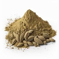 Pile of cardamom powder on white background, created with generative AI photo