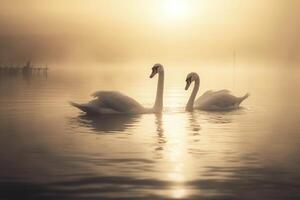 Two swans floating on the water, created with generative AI photo