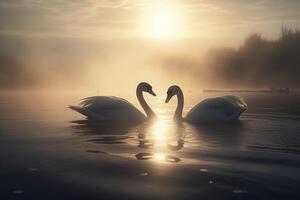 Two swans floating on the water, created with generative AI photo