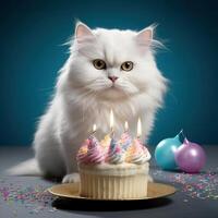 White cat with birthday cake and candles, created with generative AI photo