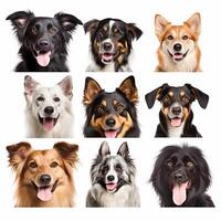 Set of different happy dogs portraits isolated on white background, created with generative AI photo