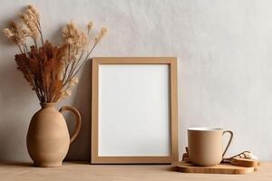Workspace mockup with art display, coffee, and books on beige wall background photo
