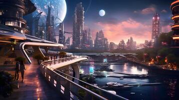 futurista paisaje urbano a crepúsculo armonía de tecnología y naturaleza ai generado foto