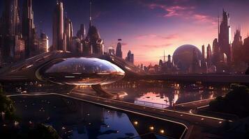 Futuristic Cityscape at Twilight Harmony of Technology and Nature AI Generated photo