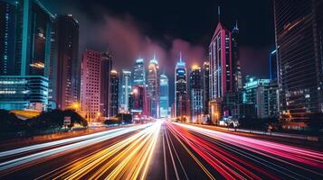 futurista paisaje urbano vibrante luces y moderno arquitectura a noche ai generado foto