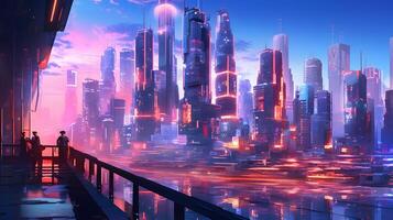 Futuristic Cityscape Dusk, Neon Lights, Sleek Glass Buildings Technology meets Architecture AI Generated photo