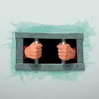 imprisoned hands behind metal bars on white vector