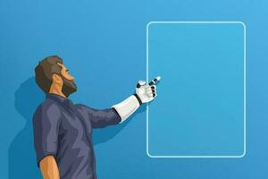 man with white robotic hand on blue vector