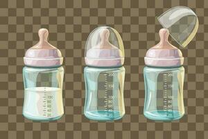 transparent three colorful baby bottles set isolated vector