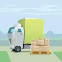 white delivery truck with parcels on pallet vector