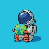 cartoon style sitting astronaut holding planet earth vector